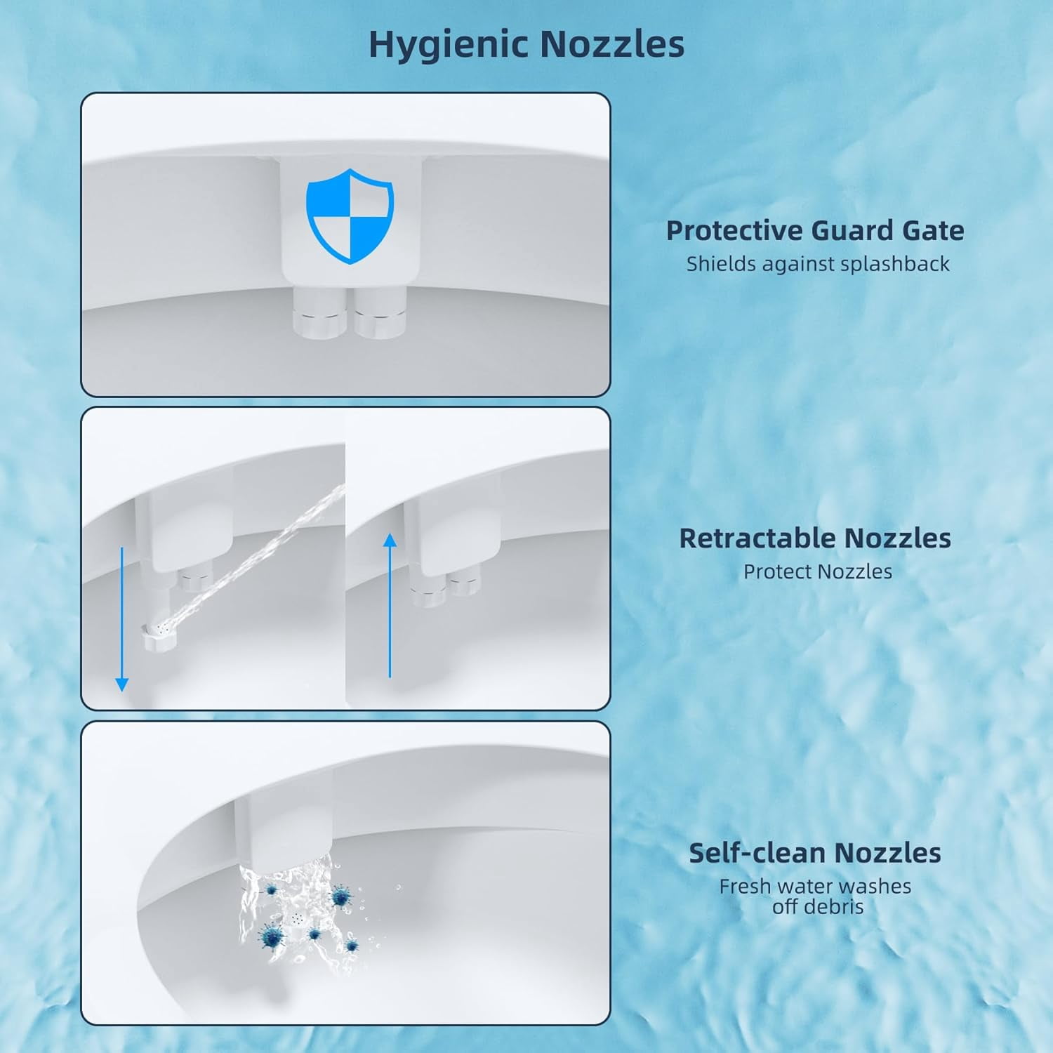 Bidet Attachment for Toilet with Self Cleaning Dual Nozzle, Hot and Cold Water  Non- Mechanical Toilet Seat Bidet for Rear or Female Washing Sanitizing, Blue