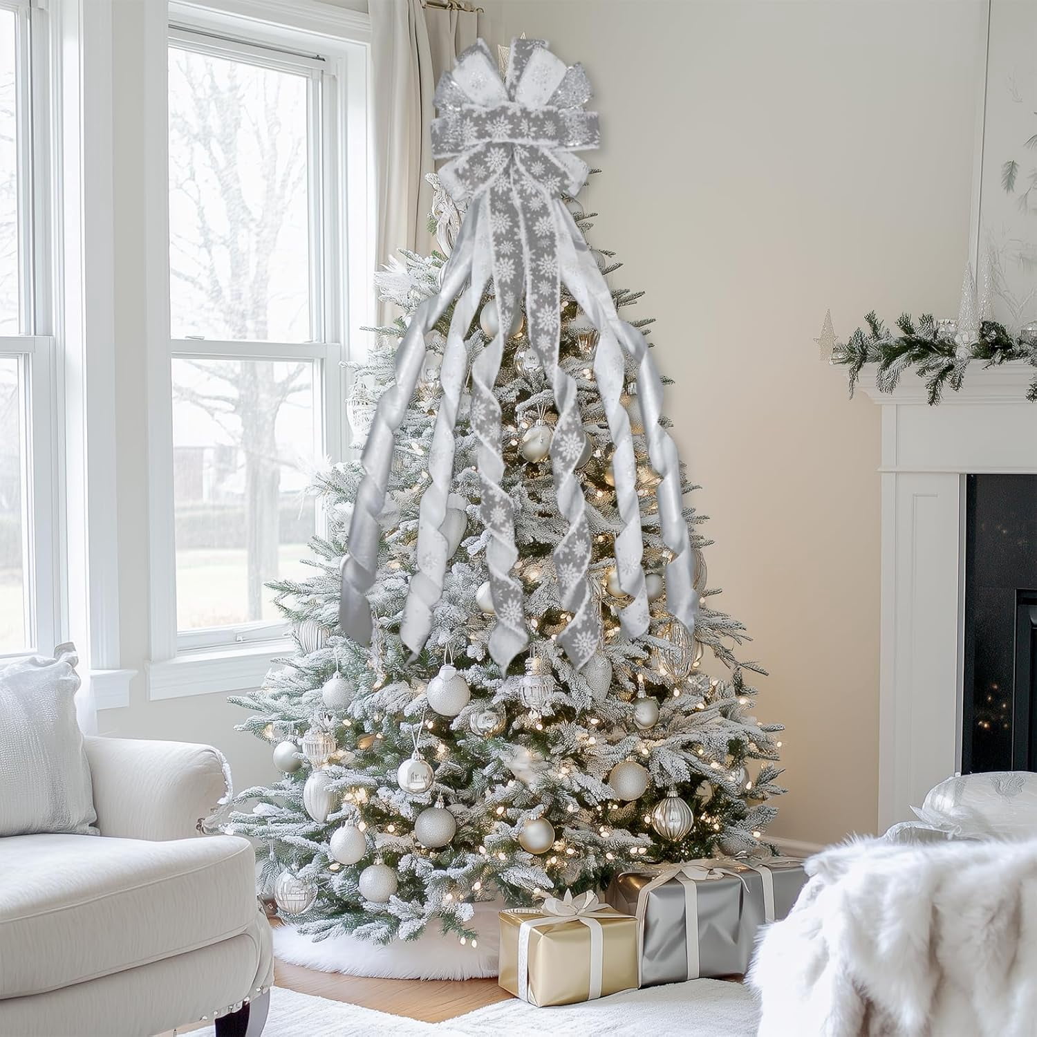 Large Christmas Tree Topper Bow 52x13 Inch, Pre-Tied Wired Ribbon Wreath Bows, Xmas Ornaments with Long Wired Edge Streamer for Holiday Thanksgiving Indoor Outdoor Party Decoration (Silver)
