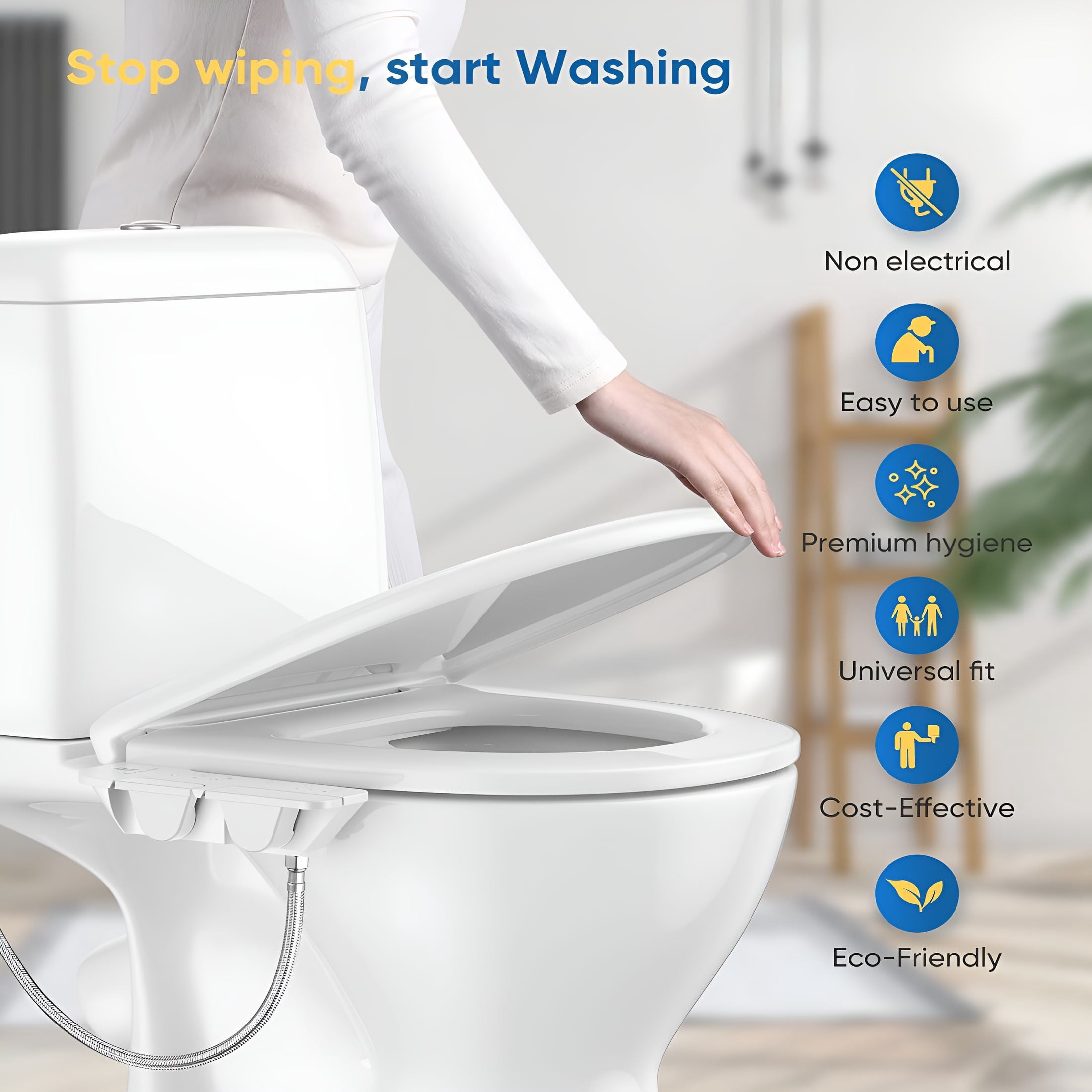 HIBIBUD Ultra-Slim 3-in-1 Bidet, Self-Cleaning, Posterior & Feminine Wash (Retractable Dual Nozzles), Non-Electric Bidet Attachment for Toilet Seat, Adjustable Fresh Cold Water Pressure