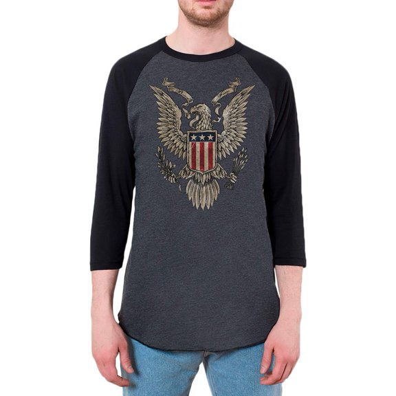 4th July Born Free Bald Eagle Mens Raglan T Shirt Heather Black-Black LG