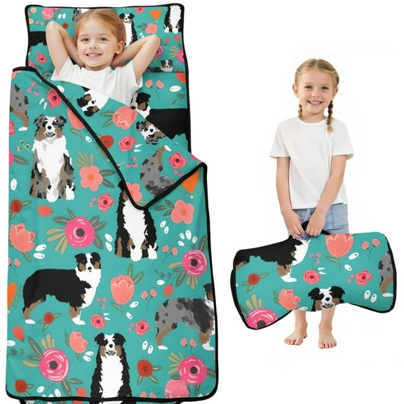 Australian Shepherd Dog and Flower Toddler Nap Mats for Kids Preschool,Sleeping Mat Bag or Kids,Toddler Sleeping Bag,Toddler Nap Mat or Daycare