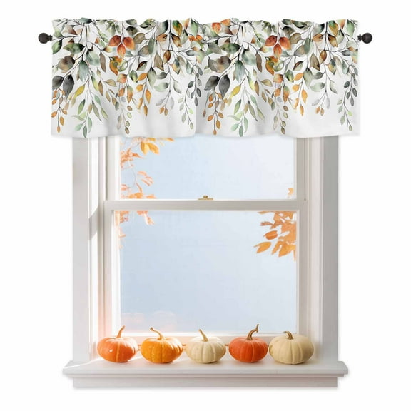 Valance for Windows Kitchen Curtains 54"W x 18"L Fall Sage Green Eucalyptus Leaf White Background Light Filtering Curtain Valances Rod Pocket Curtains for Bedroom Farmhouse Living Room