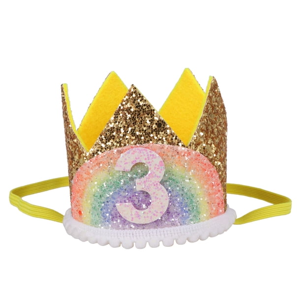 EeaseMX Adorables sombreros de cumpleaños para bebé, corona de arcoíris, diadema, suministros para fiestas, accesorios para fotos (dorado y arcoíris, encaje blanco, 3 estilos)