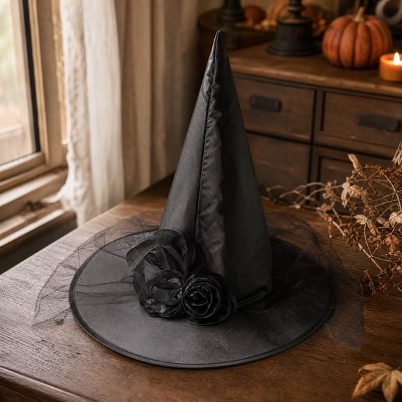 Aonerit 16in Rose Witch Hat, Flower Mesh Wizard Cap, Foldable Party Accessory, Halloween Carnival Dress Up, Holiday Masquerade Decor