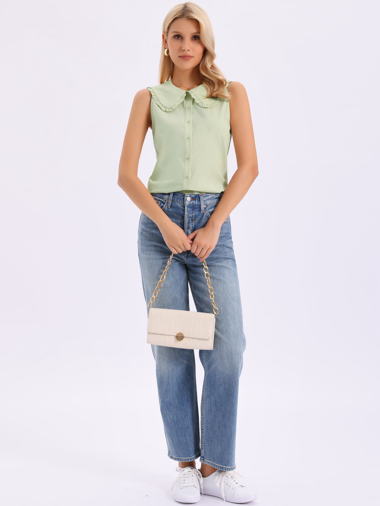 DARING DIVA Women's Button-Down Peter Pan Collar Tank Tops S Green