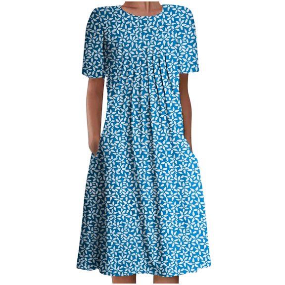 Dyegold Sundresses for Women Casual Beach - Plus Size Dress for Women Crewneck Short Sleeve Floral Print Pleated Front Maxi Sundresses Ruffle A Line Beach Dress