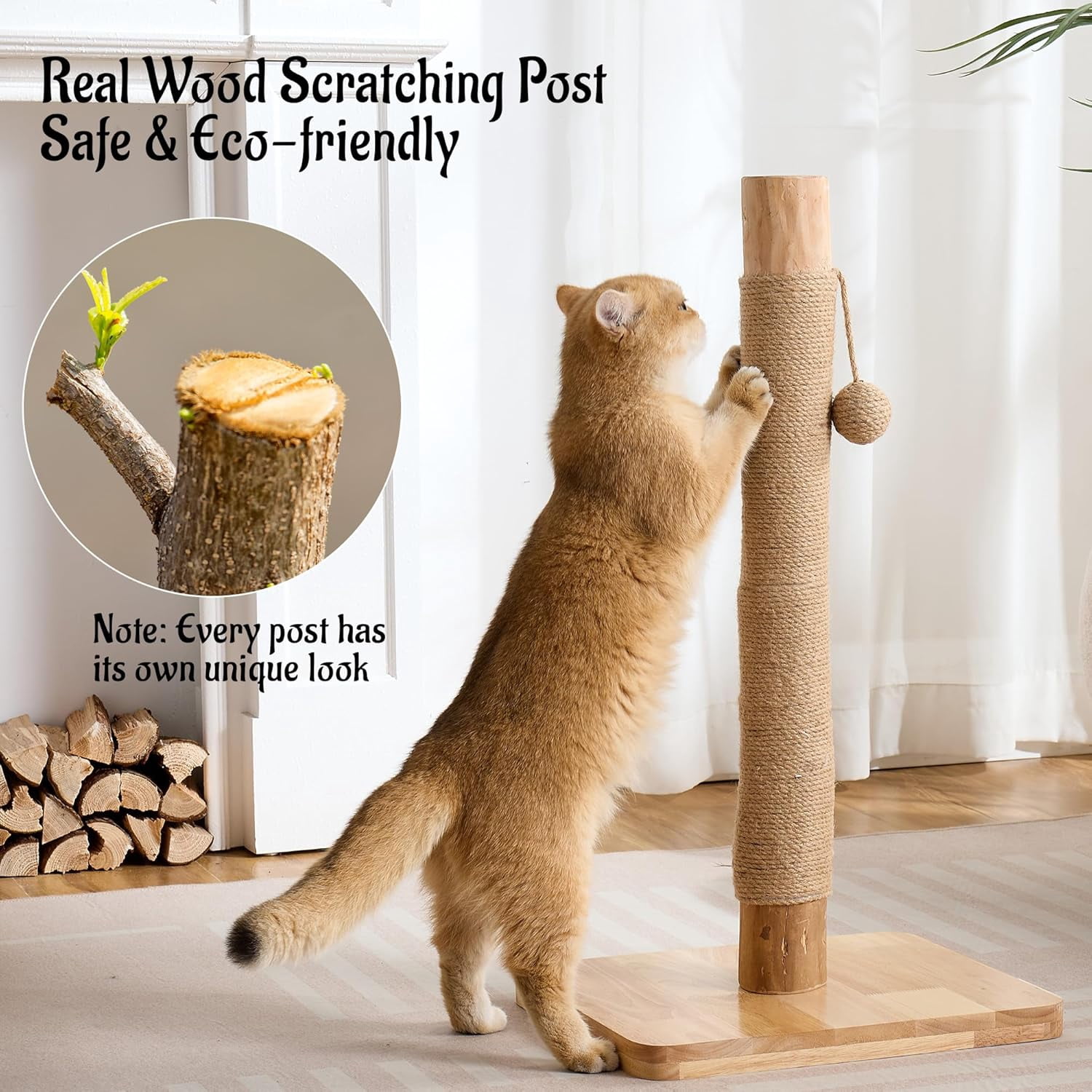 29 Inch Tall  Scratching Post for Indoor Cats Adults, -Stable Natural Solid Wood Sisal Scratcher with Hanging Ball Toy, Beige