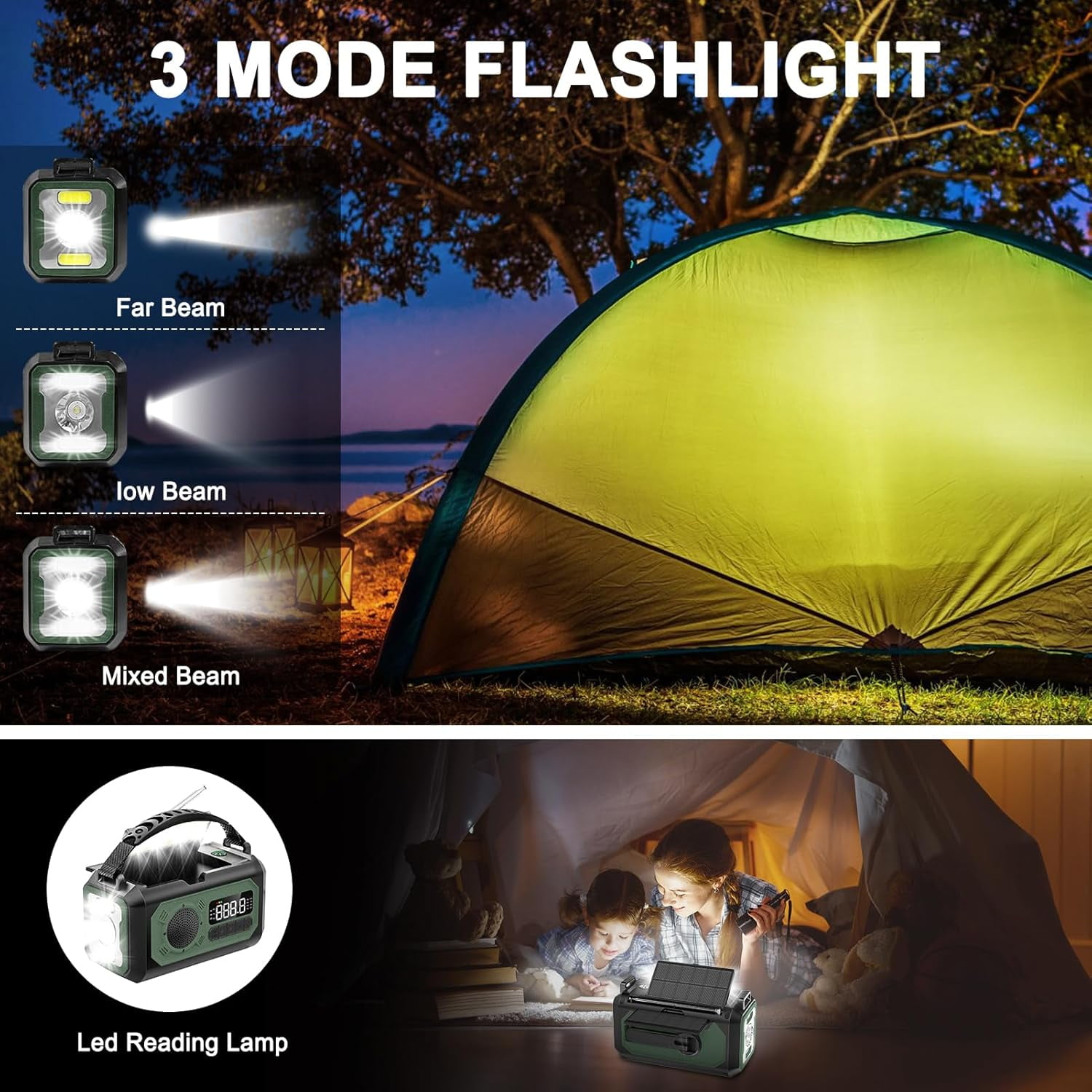 12000mAh Emergency Radio, AM/FM/NOAA Weather Alert Radio, Portable Hand Crank Radio Solar/Type-C Charging Outdoor Radio with Torch & LED Reading Lamp, SOS Alarm, Compass, Power Bank (Army Green)