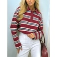 thumbnail image 4 of Oversized Striped Long Sleeve Rugby Shirts Women- V Neck Y2k Preppy Pullover Top Wine Red L, 4 of 10