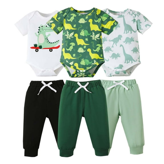 KIMI BEAR Newborn Baby Boys Layetter Set 0-3 Months Kids Outfits Sets 3 Packs Gift Set Short Sleeves Dinosaur Print Romper Top Solid Color Pants 6pcs Multicolor