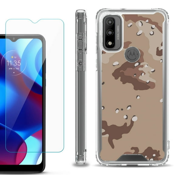 Shockproof Bumper Phone Case for Motorola Moto G Pure, with Tempered Glass Screen Protector, by OneToughShield ® - Desert Camo
