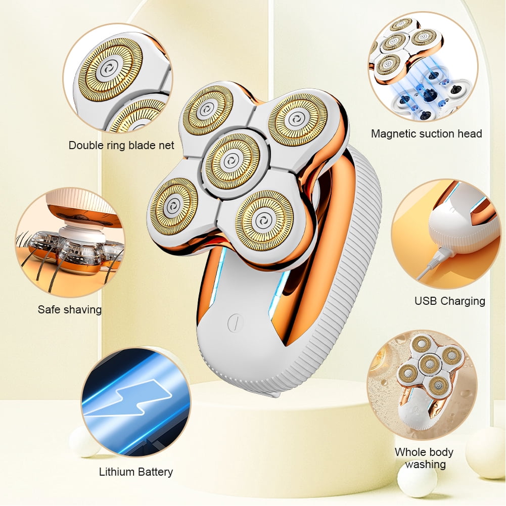 Five-Blade Head  Women's Gold Electric Hair Removal Device with Floating USB Rechargeable Portable Wet & Dry Razors