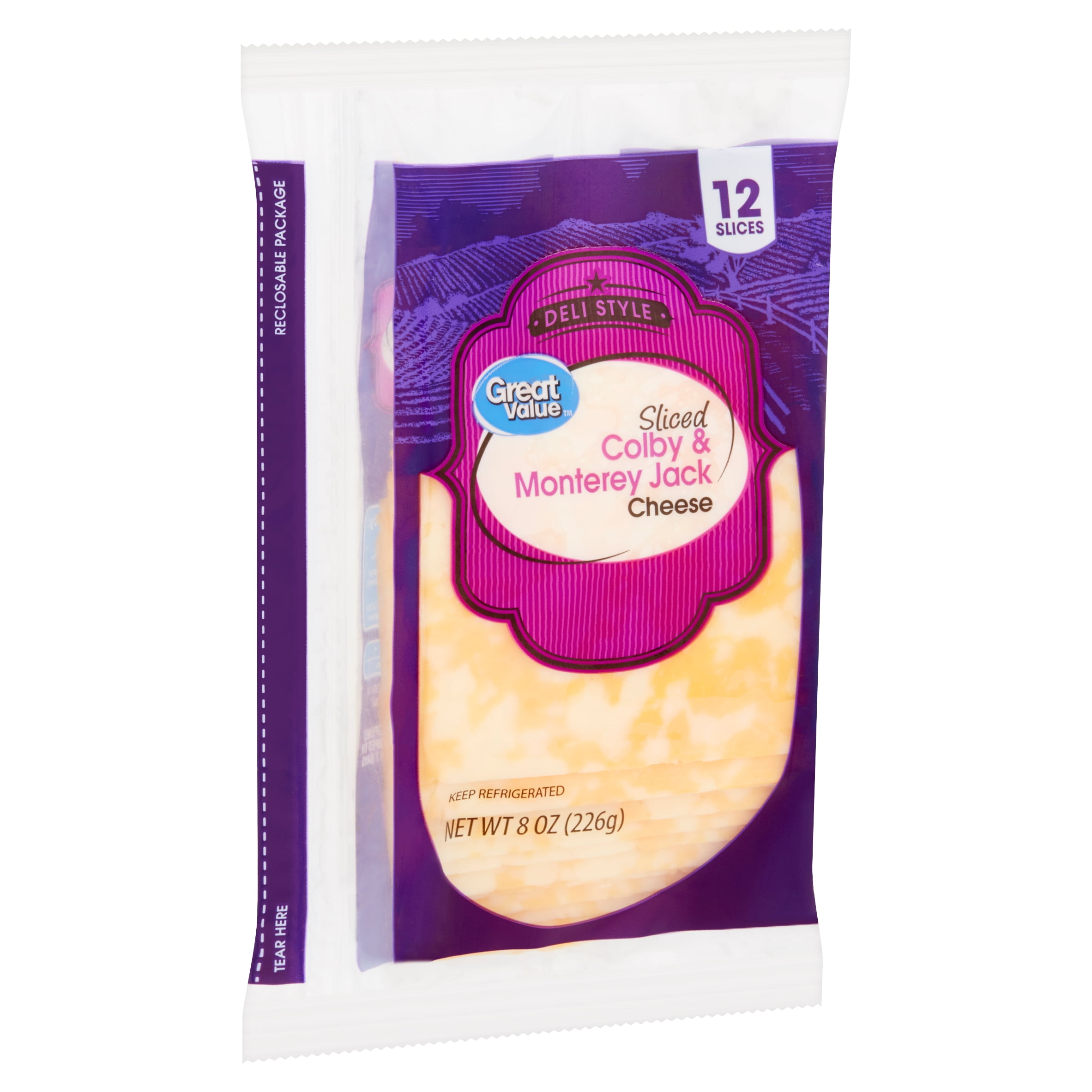 Great Value Gluten Free Deli Style Sliced Colby Monterey Jack Cheese, 8