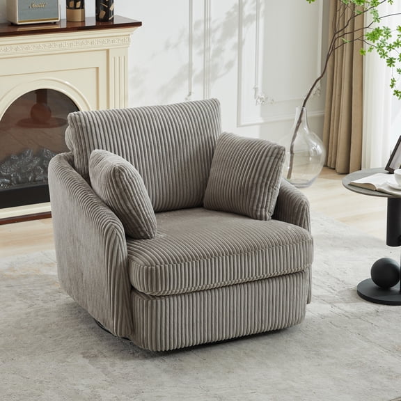 Leumius 360° Swivel Accent Chair with 2 Throw Pillows,40.55''W Corduroy Accent Chair Armchair,Comfy Upholstered Single Sofa Chair for Bedroom Living Room,Gray