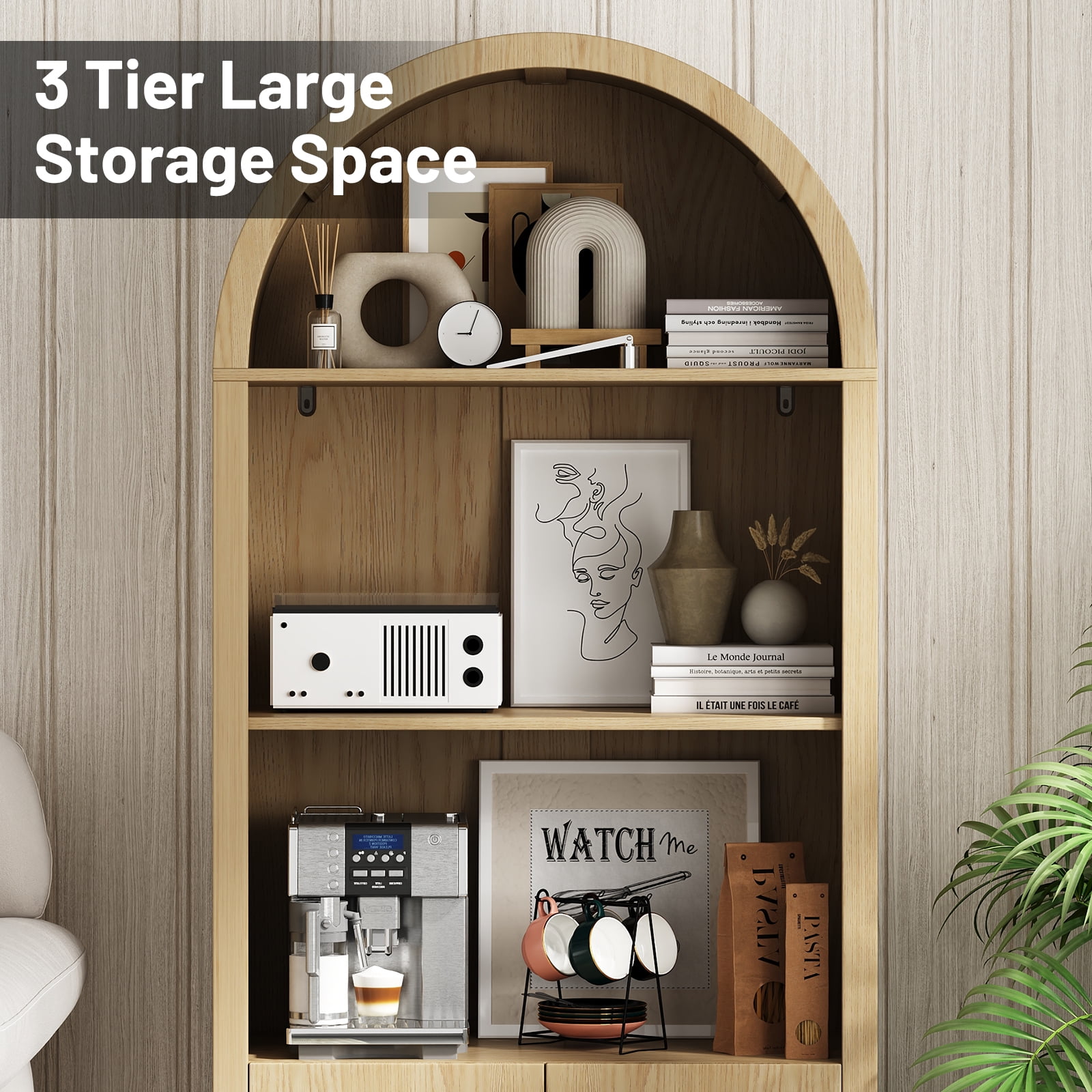 IDEALSOUL Arched Kitchen Pantry Cabinet, 70-inch Arched Cabinet, Open Shelf Storage Cabinet with 2 Doors and 5 Shelves(Wood color)