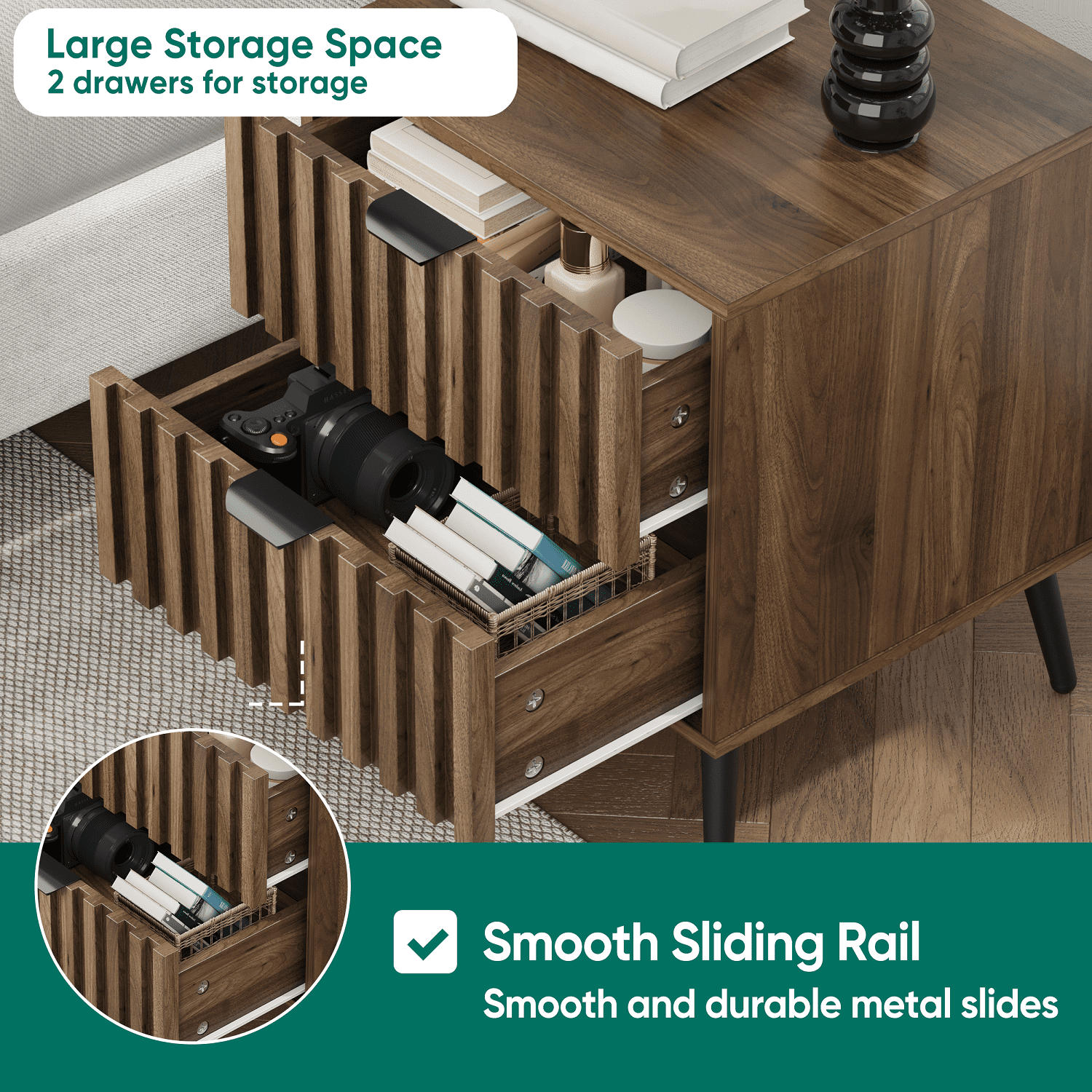 Algherohein Night Stands for Bedroom Set of 2,End Tables for Living Room with 2 Fluted Drawer,Walnut