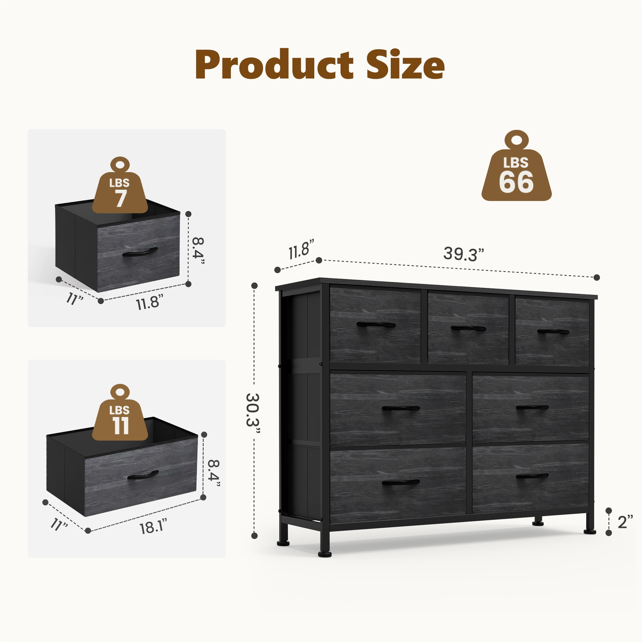 CONCETTA 7-Drawer Fabric Dresser Storage Chest for Bedroom, Closet, Storage Furniture for Adults, Black Wood