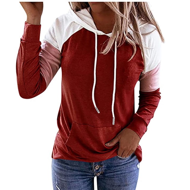 Pompotops Femmes Patchwork Hoodies T-Shirt Manches Longues Sweat-Shirt Top Chemisier
