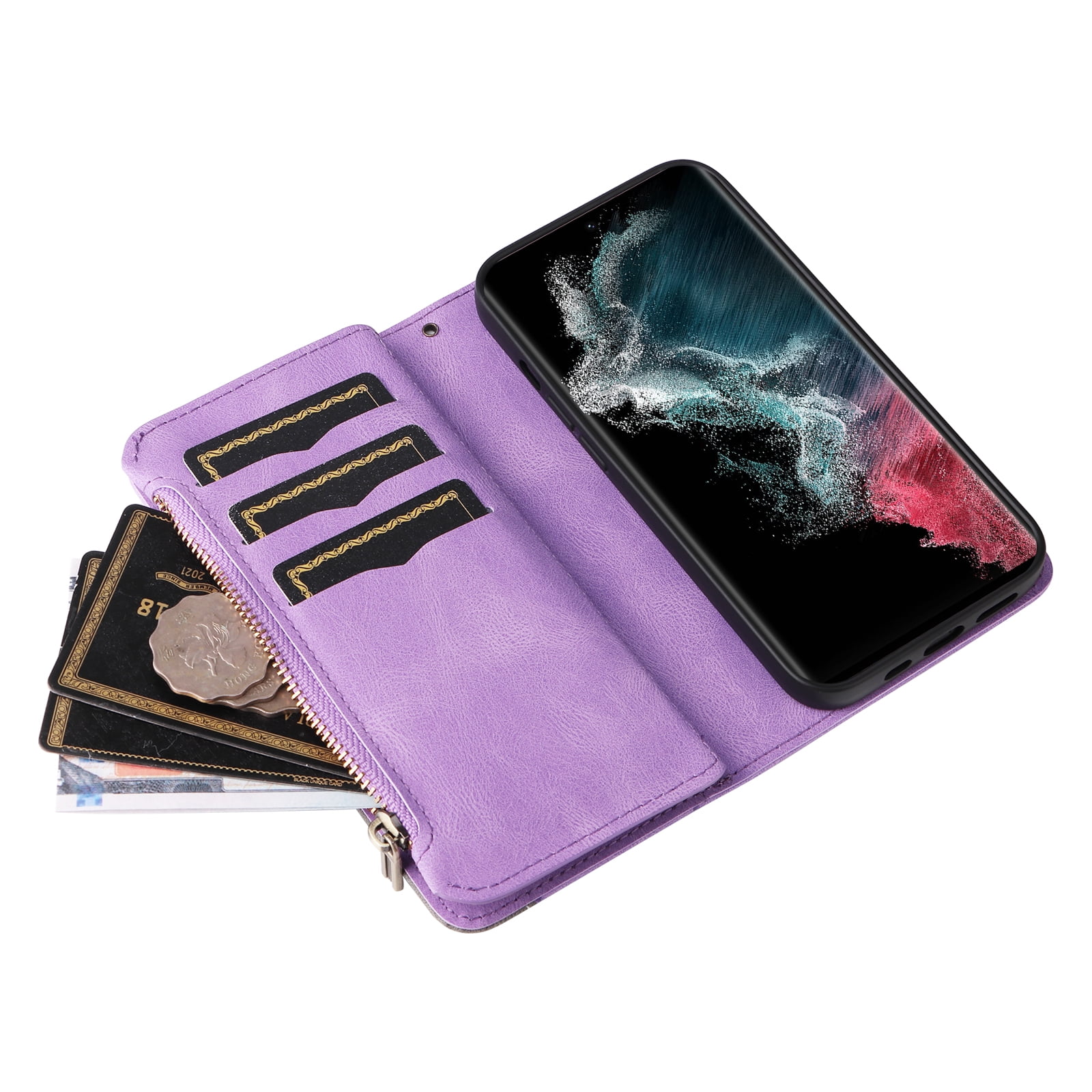 Dteck for Samsung Galaxy S23 Ultra Case Wallet with 9 Card Slots, Zipper Pocket PU Leather Folio Flip Phone Case with Wristlet Strap for Samsung Galaxy S23 Ultra 6.8 Inch, Purple