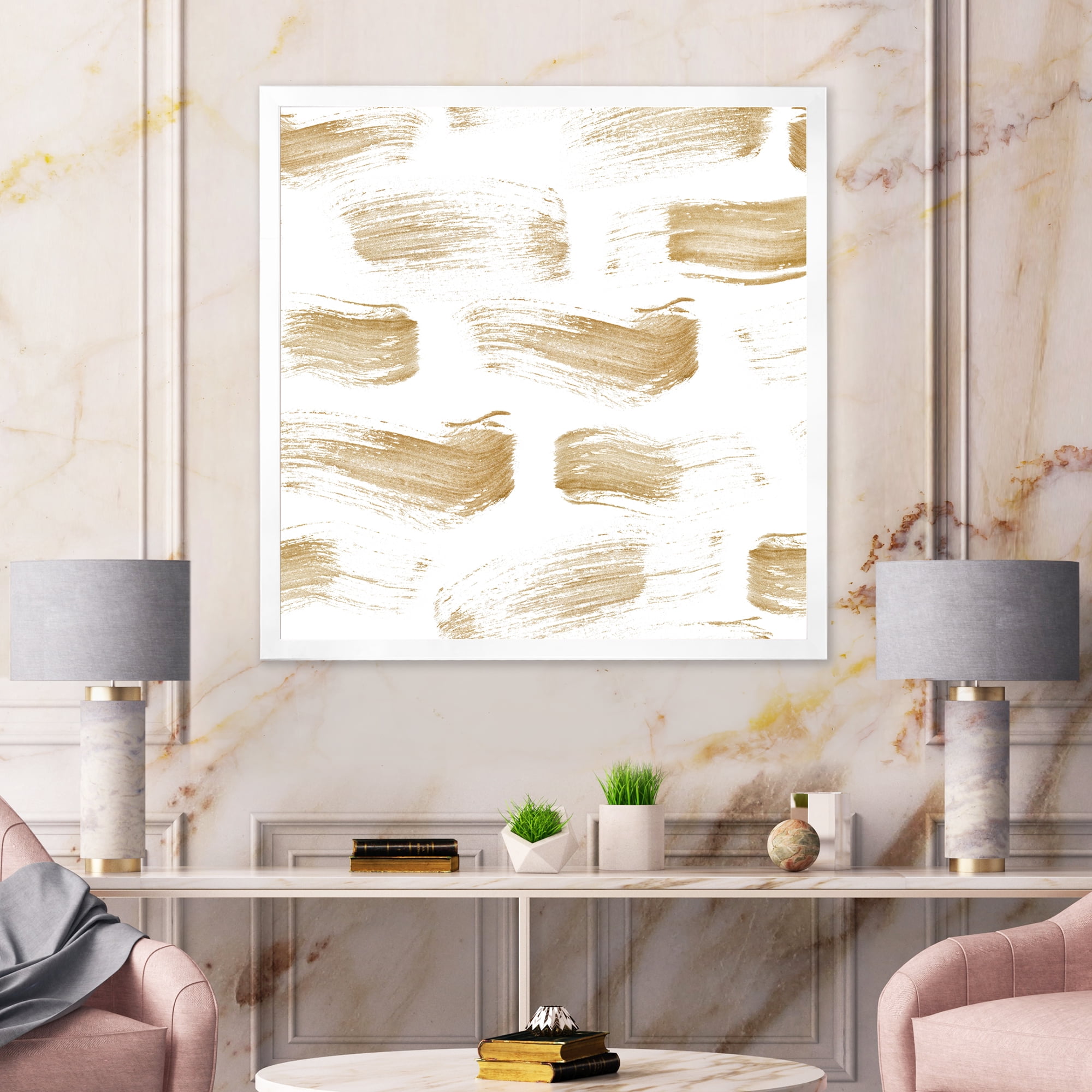 Designart 'Golden Abstract Brush Strokes' Modern Framed Art Print