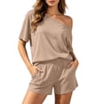 thumbnail image 2 of Womens Tracksuit Set Two Piece Outfit Loungewear Co ord Sets Casual Summer Cap Sleeve Tops and Shorts Bottoms with Pockets Drawstring Khaki S, 2 of 7