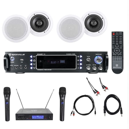 Rockville RPA60BT V2 Bundle: 1000W Bluetooth Karaoke Amplifier (4) HC655 6.5 Inch Ceiling Speakers Mics Cables 7-items