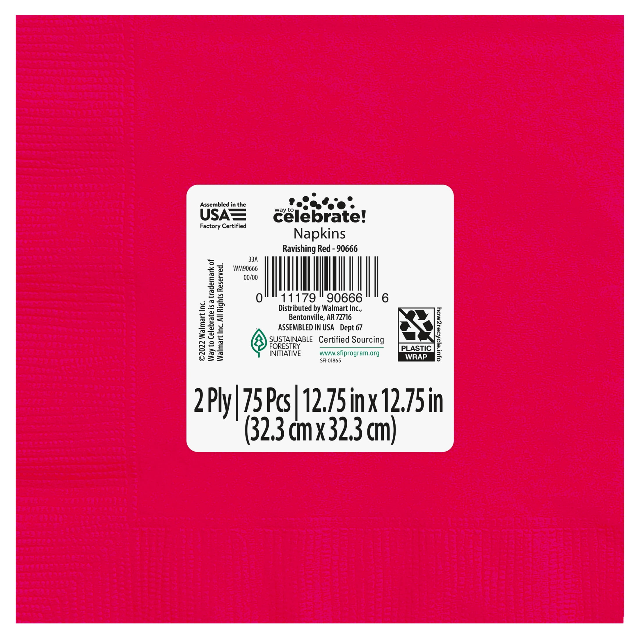 75CT 6.5IN x 6.5IN Red Disposable Paper Napkins by Way To Celebrate