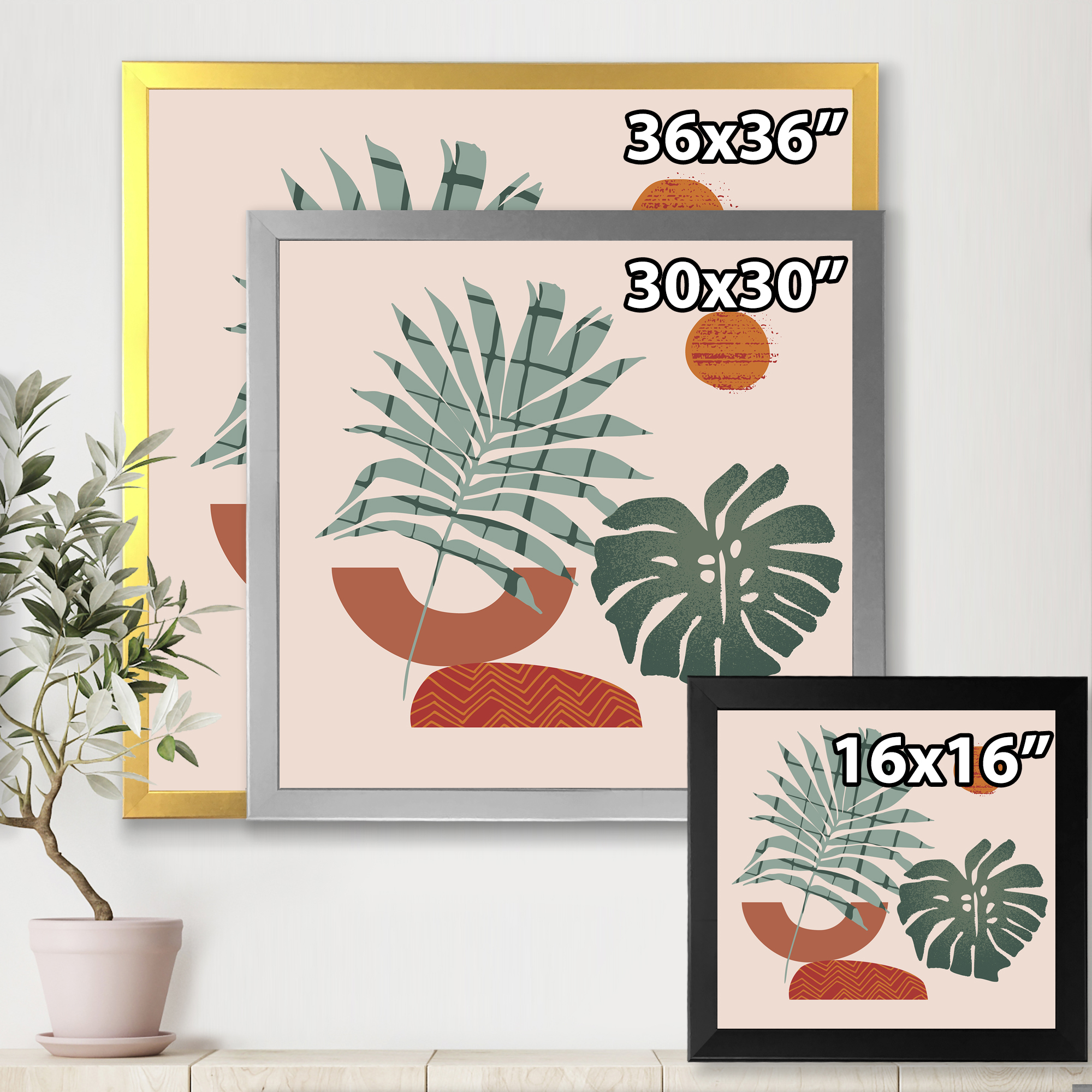 Designart 'Sun and Moon Shapes In Retro Green & Terracotta Tone' Modern Framed Art Print