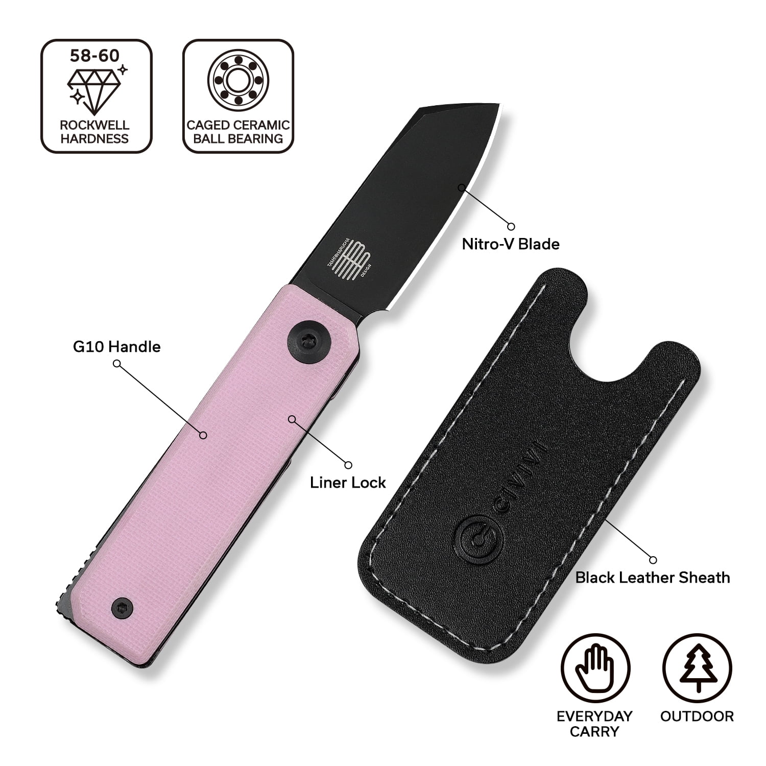CIVIVI Kukei Small Pocket Knife Folding Knife with 2.02" Black Stonewashed Nitro-V Blade Powder Pink G10 Handle C25036-1, With 1PC Black Leather Sheath