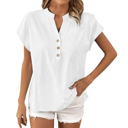ZJXFGS Linen Shirts Women formal Blouses for Women Women Blouse Short Sleeve Womens Button Down Blouse White S