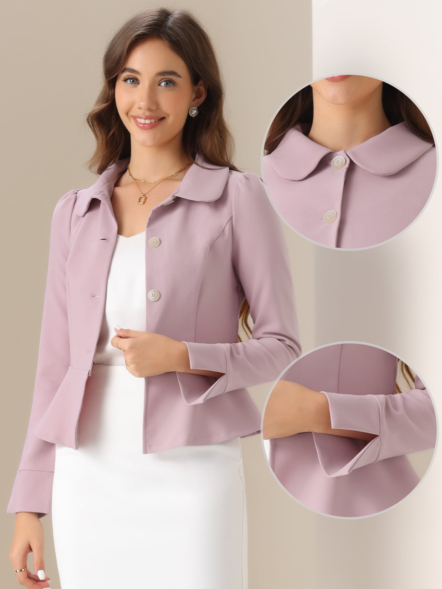 DARING DIVA Women's Peter Pan Collar Ruffles Office Blazers M Pink