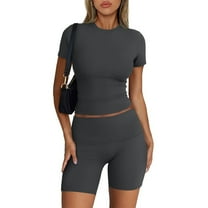 LZHGirlshop 2 Piece Outfits for Women Casual Spring and Summer Women Solid Short Sleevele Round-Neck Blouses Tops Shorts Elastic Slim Waist Sets