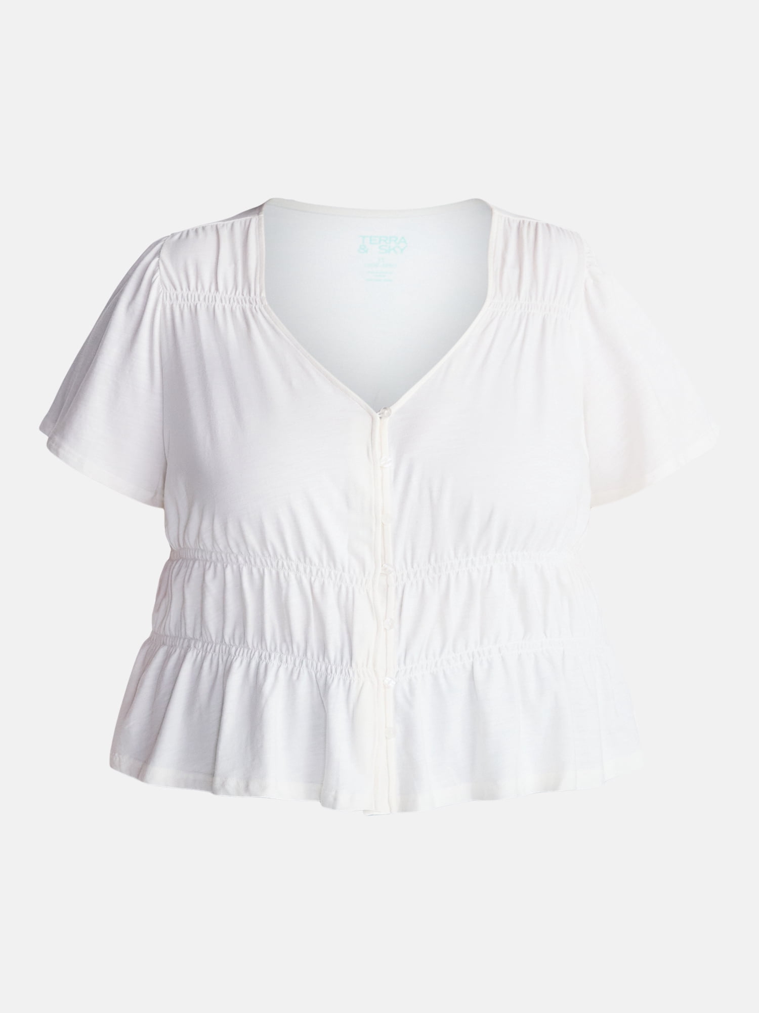 Terra & Sky Women’s Plus Femme V Neck Smocked Top with Short Flutter Sleeves, Sizes 0X-5X