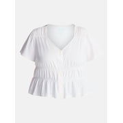 Terra & Sky Women’s Plus Femme V Neck Smocked Top with Short Flutter Sleeves, Sizes 0X-5X