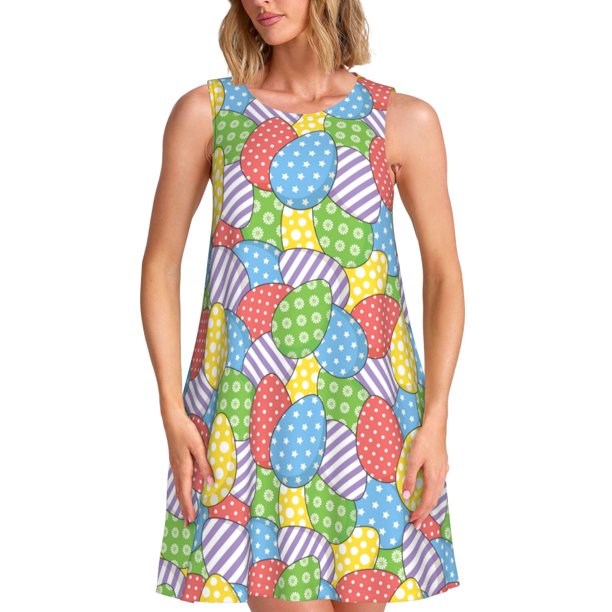 Balery Colorful Easter eggs Vestidos de verano para mujer con estampado: vestido holgado sin mangas, vestido playero informal y cómodo para días calurosos.