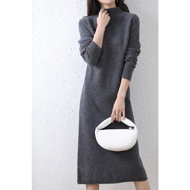 Falda larga de estilo elegante para viajeros, otoño e invierno, de color sólido, tejido con hilo, cuello alto medio, vestido de punto suave intelectual