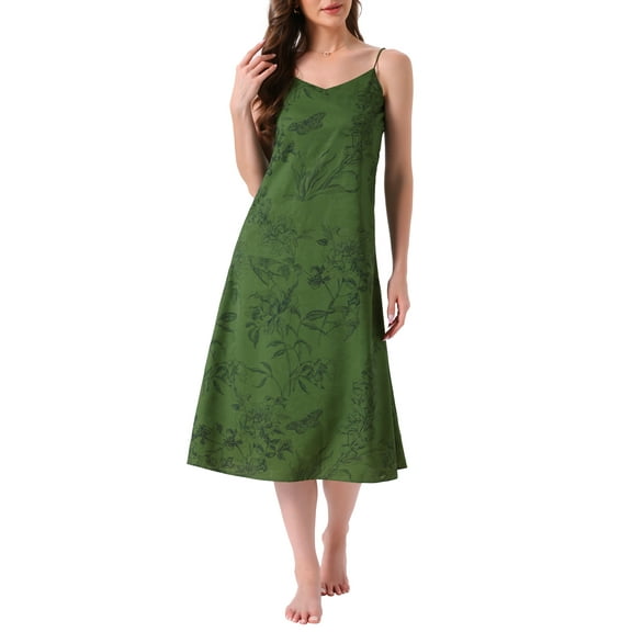 INSPIRE CHIC Womens Nightgown Satin Floral Jacquard Spaghetti Strap Sleeveless V Neck Long Midi Full Slip Sleepwear XS Green Flower