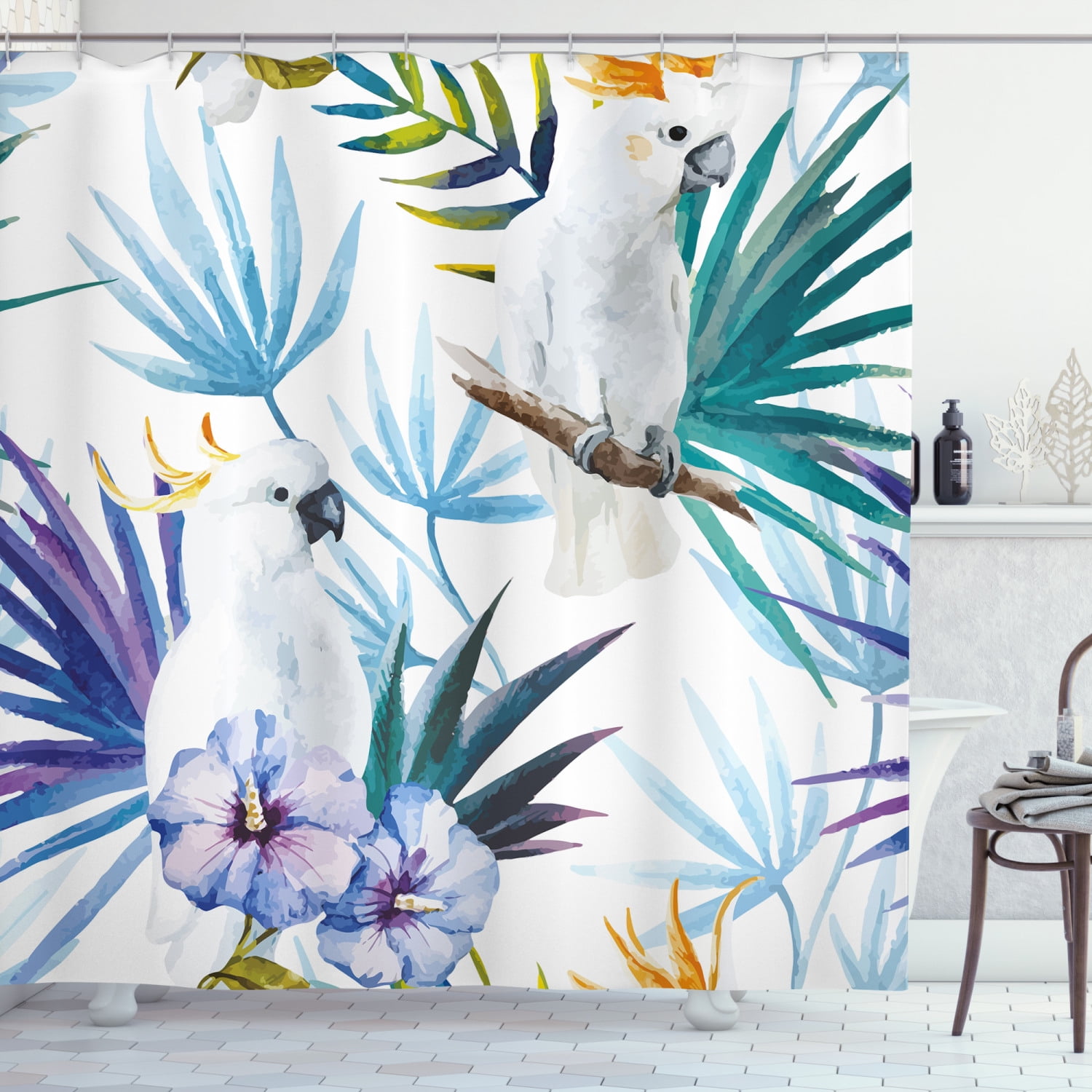 Exotic Tropical Palm Trees Banana Leaves Flamingo Shower Curtain Set Bath Decor 