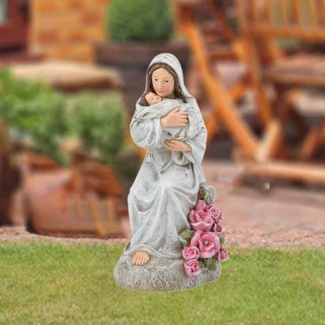 Figura de Virgen María con un bebé, luz exterior, decoración de jardín de hadas, lámpara, estatua religiosa para sala de estar, dormitorio y hogar. Pintado