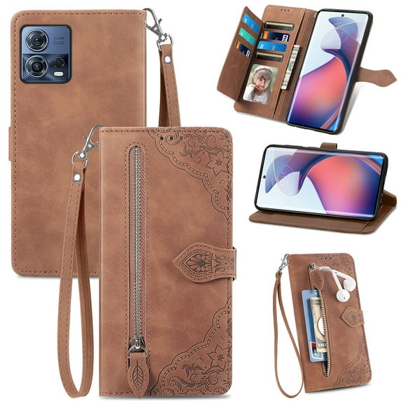 for Motorola Moto S30 Pro Wallet Case, [Flower Embossed] Premium PU Leather Wallet Flip Protective Phone Case Cover with Card Slots and Stand with Wrist Strap for Motorola Moto S30 Pro, Brown