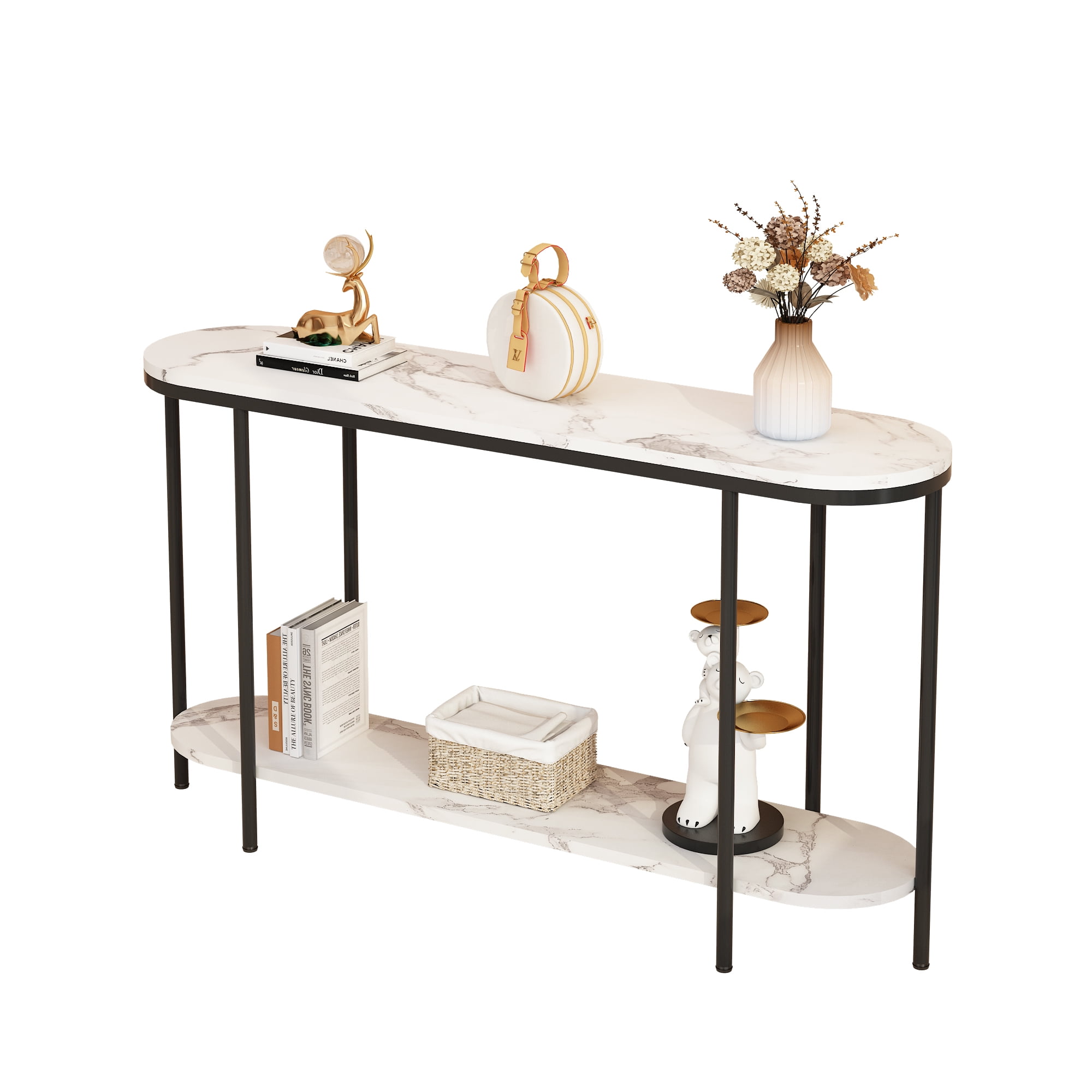 Ktaxon Entryway Table 2 Tier for Entrance, Sofa Coffee Desk Home Furniture with Storage Shelves, Metal Artificial Marble Black & White
