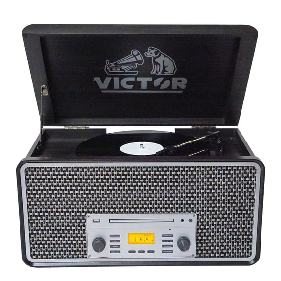 Open Box Victor 3-Speed Record Player Turntable with Built-In Stereo Speakers, Bluetooth, USB, Hinged Dust Cover, Graphite