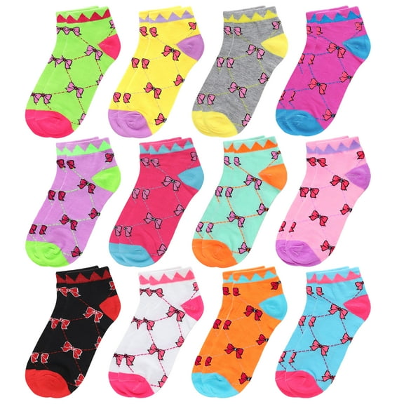 12-Pack Assorted Colors Bowknot Pattern Women's Novelty Ankle Socks Size 9-11