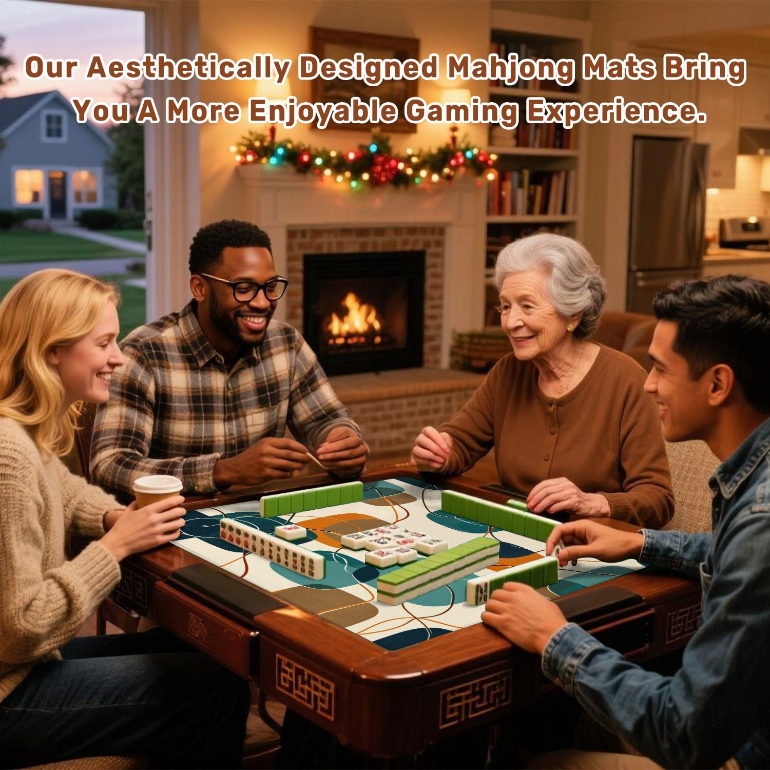 Mahjong Mat 31.5" x 31.5" Abstract Mid Century Modern Geometric Retro Shapes Teal Orange Beige Non-Slip Noise Reduction American Mahjong Tiles Table Cover for Dominoes Poker Card Board Games Gift