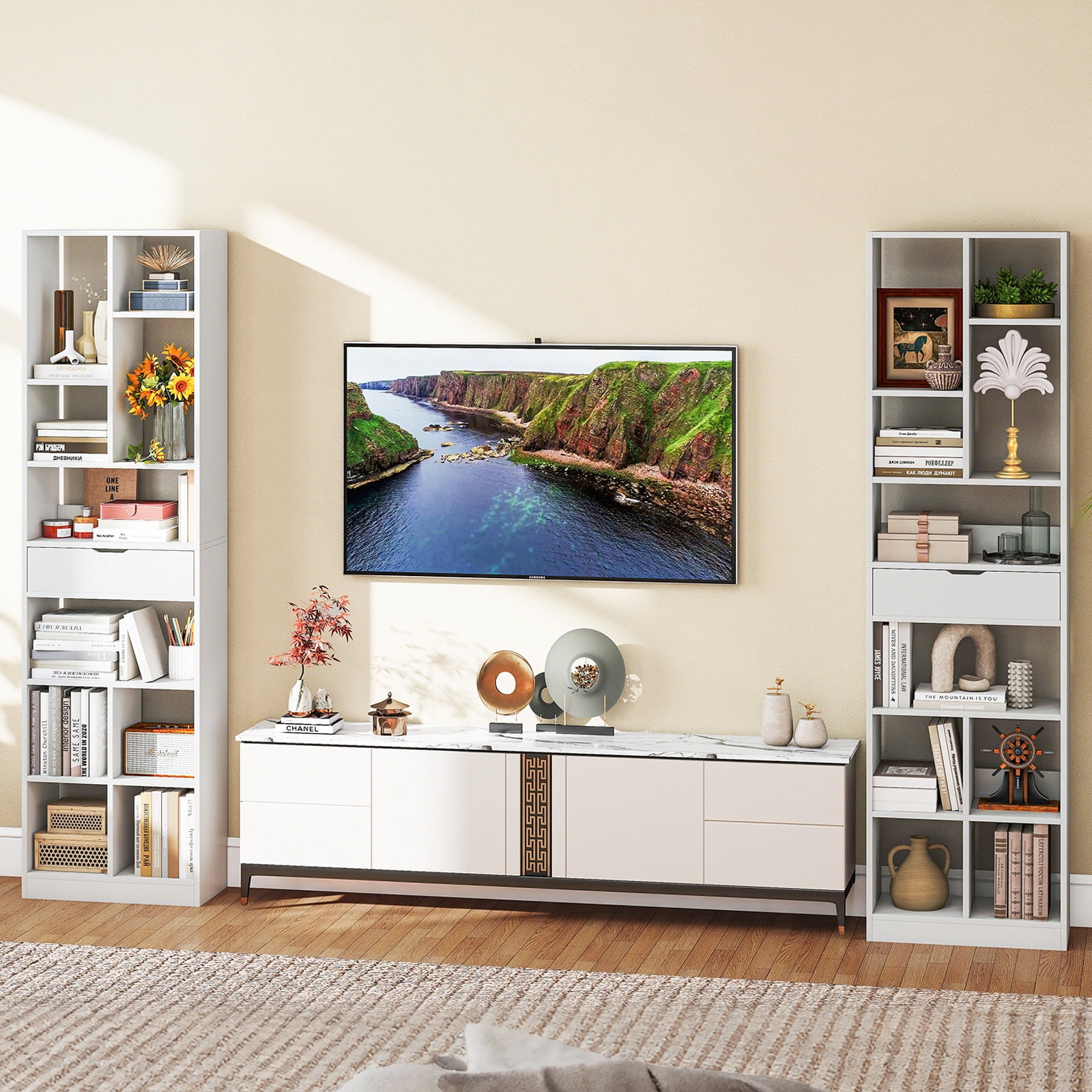 Gymax 71'' Tall Bookcase w/ Drawer Modern Bookshelf w/ 10 Open Cubes Display Rack