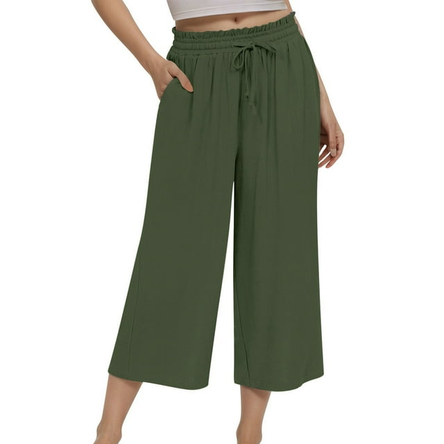 Elegant Ladies Linen High Waist Wide Leg Trousers with Adjustable Drawstring for Versatile Daily Wear Comfort