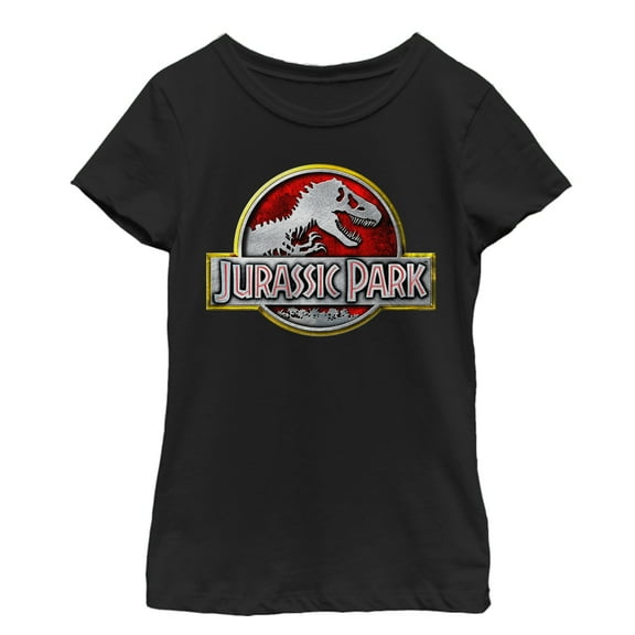 Girl's Jurassic Park Chrome Logo  Graphic Tee Black Small