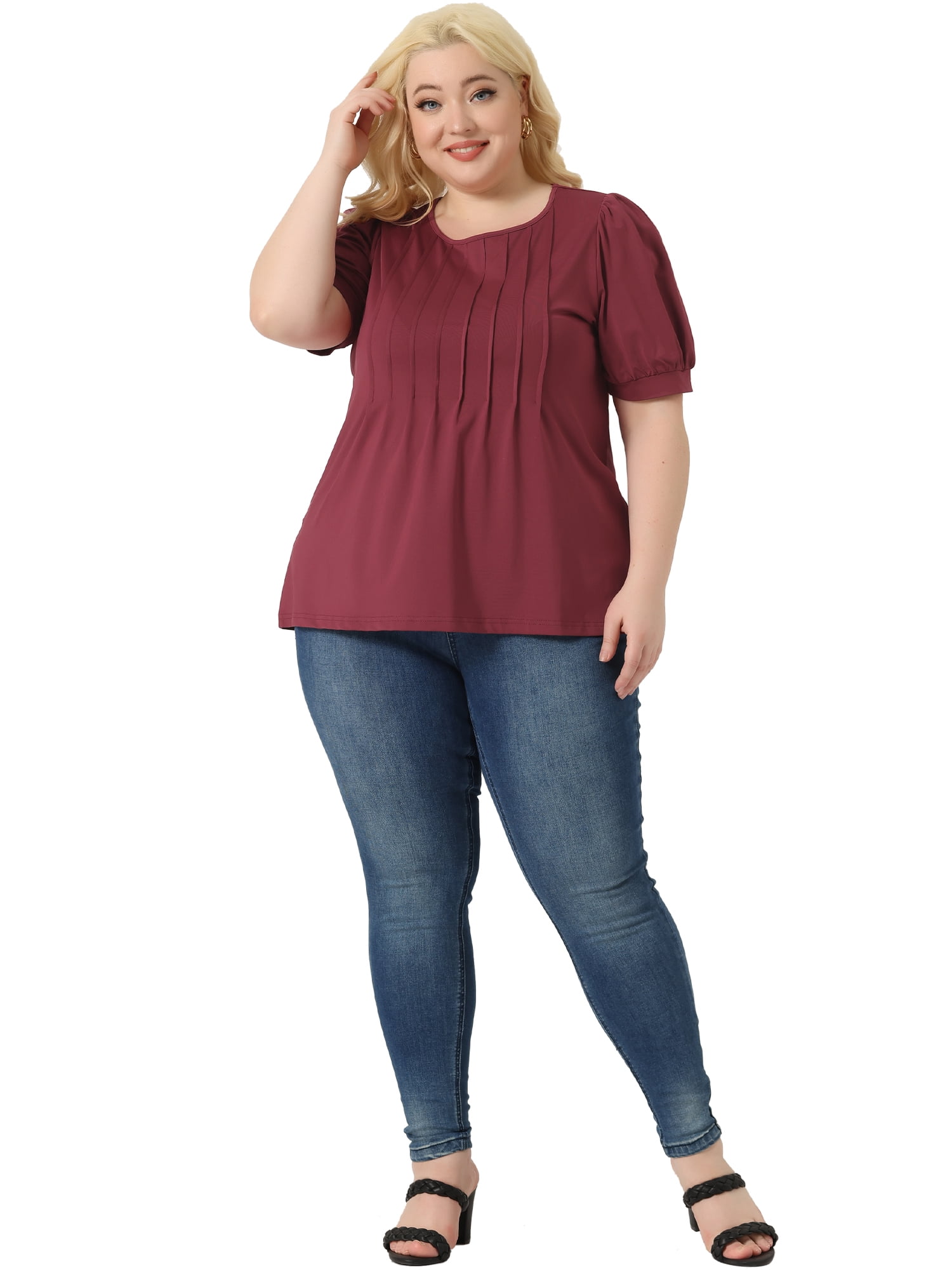 Women's Plus Top Puff Short Sleeve Tops Crew Neck Pleated Shirts Tunic Blouses 4X Burgundy