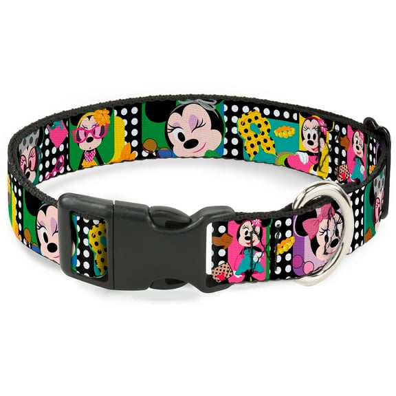 Disney Pet Collar, Dog Collar Plastic Buckle, Mini Minnie Fashion Poses Polka Dot Black White Multi Color, 20 to 31 Inches 1.5 Inch Wide