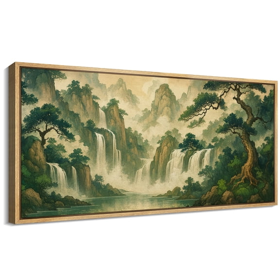 Large Framed Canvas Wall Art Japanese Waterfall Landscape Print for Japandi Living Room Decoration - 60"x30" Natural Framed